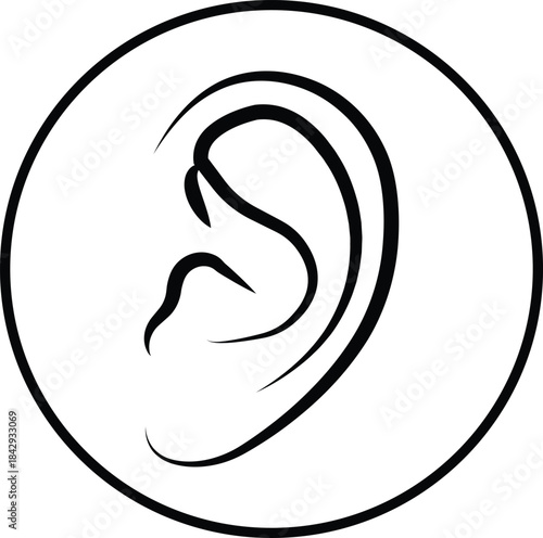 Black ear icon in flat and line style, hearing symbol featuring auditory outline graphics and sound awareness illustration monochrome listening sense vector pack with synonym element