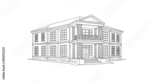 Elegant two story mansion with a grand colonnade and symmetrical facade featuring tall windows and a wide front staircase on a formal residential estate.