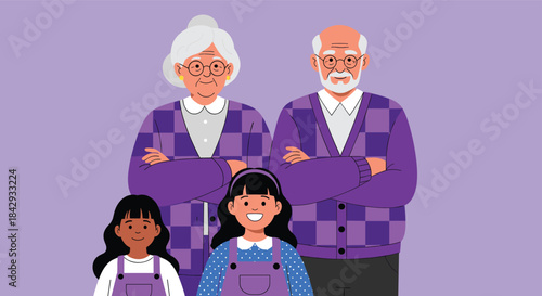 Multigenerational family portrait featuring grandparents and two children standing together in a coordinated purple setting.