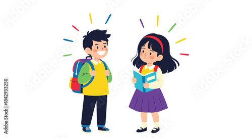 Two young students stand together before school carrying colorful backpacks and books smiling in a bright cheerful scene that invites curiosity and learning.