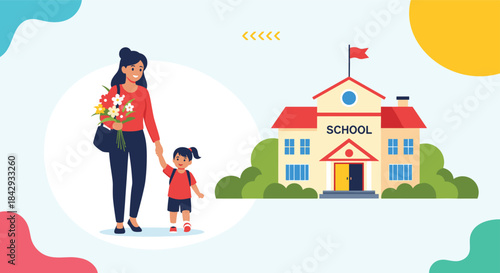 Mother and child walk toward a bright school building sharing a moment of hope and learning while holding flowers and looking forward to new possibilities.