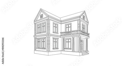 Ornate two story Victorian style house drawing showcasing a gabled roof decorative trim wide porch and tall windows in a timeless residential street scene.