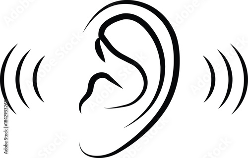 Black ear icon in flat and line style, hearing symbol featuring auditory outline graphics and sound awareness illustration monochrome listening sense vector pack with synonym element