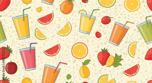 Colorful pattern featuring juice glasses and assorted fruits scattered across a warm beige speckled background with orange slices and strawberry accents.
