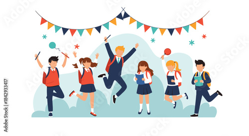 Children celebrate at a festive party outdoors with colorful bunting jumping for joy and tossing confetti while smiling and having fun together.