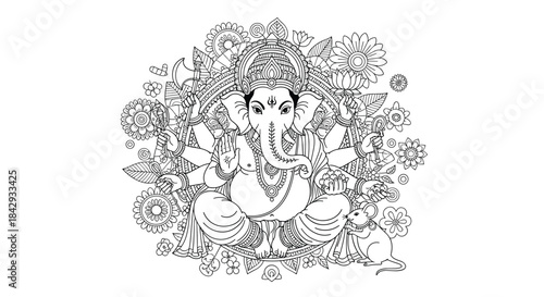 Ganesha the elephant headed Hindu deity sits in a line drawing surrounded by floral elements with a mouse companion at his side and offerings.