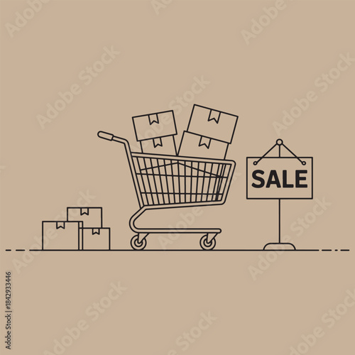 Line art shopping cart with boxes and sale sign next to stacked boxes on brown background trolley supermarket