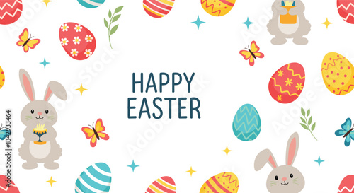 Colorful Easter illustration featuring cute bunnies and decorated eggs with flowers butterflies and a central Easter message in a playful festive style.