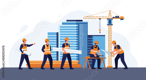 Construction site workers in safety gear coordinate as a tall crane lifts materials while they carry pipes and assemble the framework of a new building.