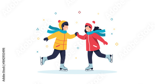 Two children wearing colorful winter jackets and scarves skate on a frosty pond while holding hands and smiling as confetti like shapes swirl around them.
