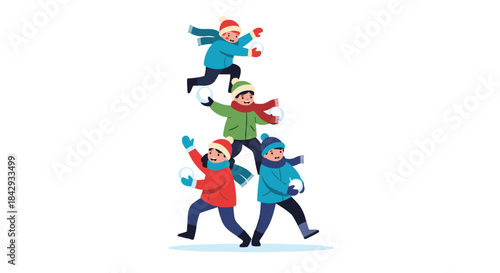 Four children dressed in colorful winter outfits build a playful snow pyramid and throw snowballs as they enjoy a bright snowy day.