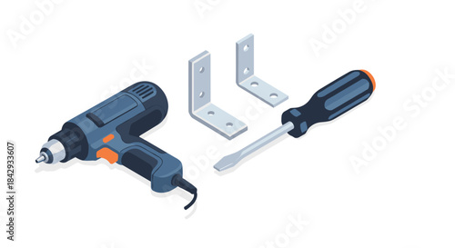 Power drill and hand tools including mounting brackets and a screwdriver are shown ready for assembly and home improvement tasks.