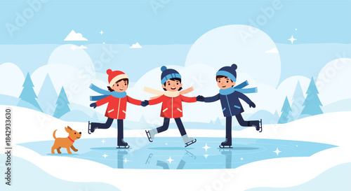 Three children in colorful winter outfits skate on a frozen pond while holding hands and balancing as a small dog watches the snowy scene under a blue sky.
