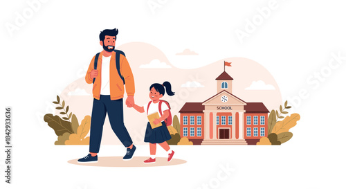 Father and daughter walk hand in hand toward a welcoming school building passing autumn trees as soft clouds drift above a calm campus scene.