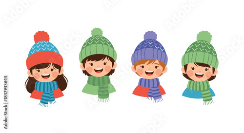 Four smiling children wearing bright knitted hats and matching scarves stand side by side in a cheerful winter scene full of color and warmth.