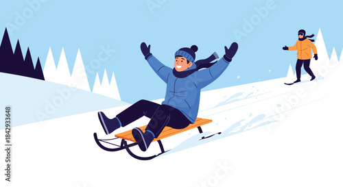 Joyful winter scene shows a person sledding down a snowy slope while another rider glides in the distance under a clear blue sky.