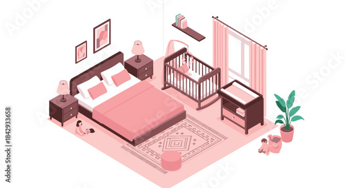 Isometric illustration of a modern nursery with a large bed a crib a changing table and soft pink decor creating a warm family space.