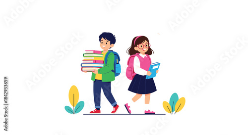 Two students walk along a sunny path carrying books and backpacks while one reads a book and the other carries a stack of colorful titles beside small plants.