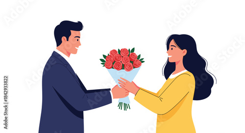 Man in a navy suit presents a bouquet of red roses to a woman in a yellow sweater as a romantic gesture of affection and appreciation.