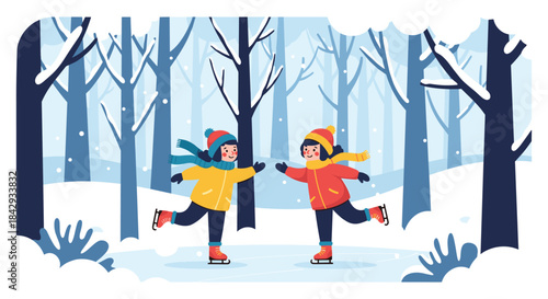 Two children ice skate hand in hand through a snowy forest beneath blue winter trees enjoying a playful and chilly afternoon.
