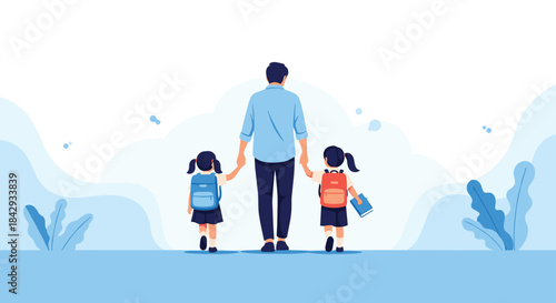 Family walks together along a calm blue path as a father holds hands with his two children carrying backpacks under a serene sky.
