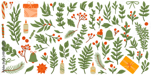Set of Christmas elements for typographic design. Gifts, leaves, branches, and berries. Vector illustration in modern style.