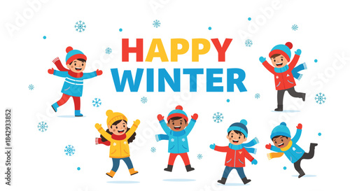 Bright winter scene shows cheerful children ice skating in colorful jackets hats and scarves as snowflakes fall beneath a bold happy winter banner.