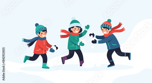 Three children in colorful winter outfits play in a snowy landscape running and tossing snowballs while scarves flutter and mittens keep their hands warm.
