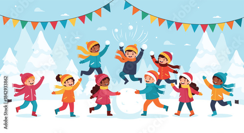 Joyful children in bright winter clothes play in a snowy park building a snowman and tossing snow under colorful bunting with mountains in the background.