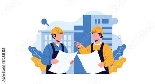 Two construction workers wearing hard hats stand at a city construction site examining large blueprints and coordinating plans for the project.