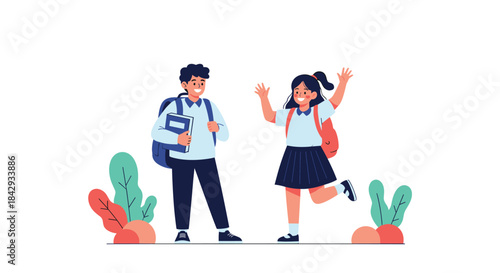 Two students greet each other with backpacks on a sunny school day celebrating friendship and arriving at class with excitement and energy.