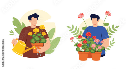 Two gardeners tending vibrant flowers in pots watering plants and arranging colorful blossoms in a bright welcoming garden scene.