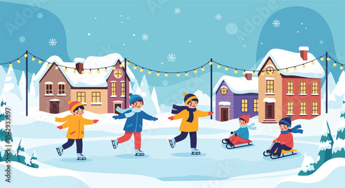Vibrant winter scene shows children ice skating in a snowy village square under twinkling string lights and cozy houses.