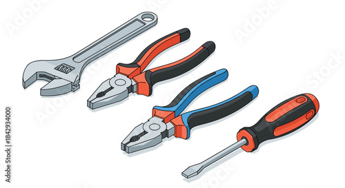 Four essential hand tools including an adjustable wrench two pliers and a screwdriver are shown together ready for home repairs and everyday assembly tasks.