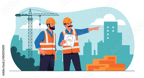 Two construction workers in orange safety vests study architectural plans while standing on a construction site beside a tall crane and a city skyline.