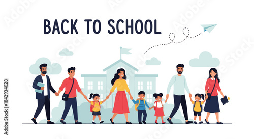 Back to school families and children walk together toward a cheerful school building on a bright day as parents guide and support their kids before new term.