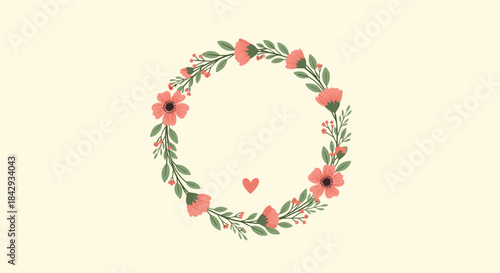 Delicate floral wreath of pink flowers and green leaves encircles a soft heart motif on a warm cream background symbolizes gentle affection and timeless nature.