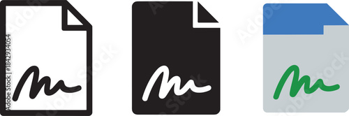 Document signature icon in three different styles line silhouette and modern colorful design