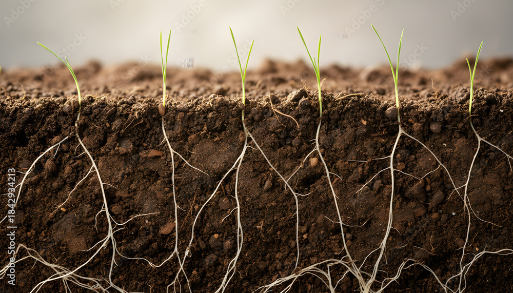 Fototapeta premium Young plants emerging from soil with visible roots