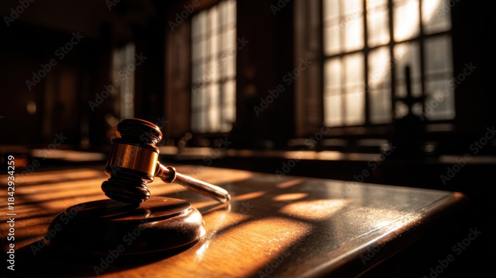 Obraz premium Gavel and sound block on a wooden table in a dimly lit courtroom with natural light from windows