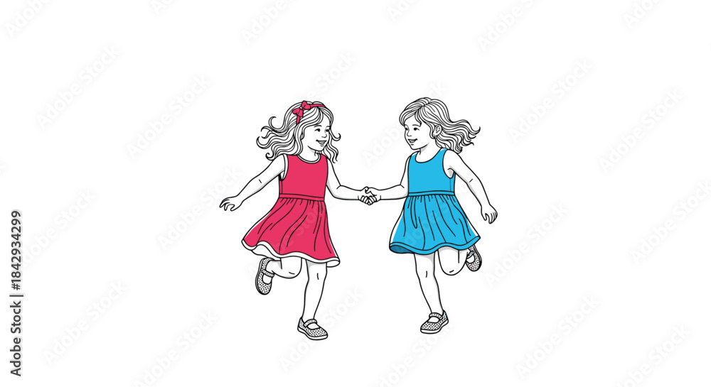 Fototapeta premium Two young girls in red and blue dresses run hand in hand smiling as they play together in a whimsical sunny scene of carefree childhood joy.