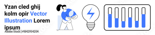 Woman holding globe symbolizing global responsibility, light bulb with lightning bolt representing energy ideas, battery charge level gauge highlighting energy management. Ideal for sustainability