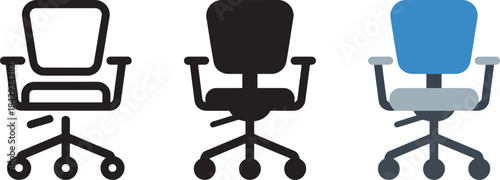 Office chair outline glyph and flat design icon set for workspace and business environment