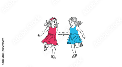 Two young girls in red and blue dresses run hand in hand smiling as they play together in a whimsical sunny scene of carefree childhood joy.