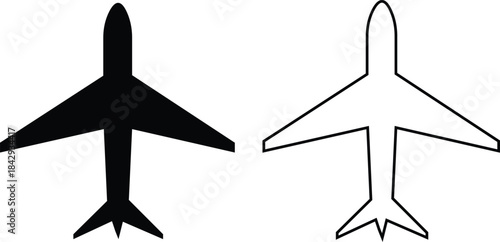 Black airplane icon set in flat and line style, aviation silhouette collection featuring jet, aircraft and flight symbol group, minimal monochrome transport vector illustration pack with synonym eleme