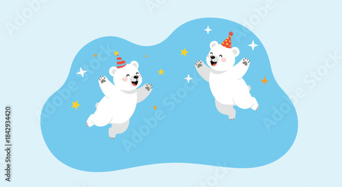 Two white polar bears wearing party hats celebrate and leap in a bright blue splash of joy with stars and confetti in a playful winter scene for kids.