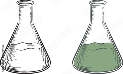 Scientific lab flask with liquid two variations hand drawn style on transparent background