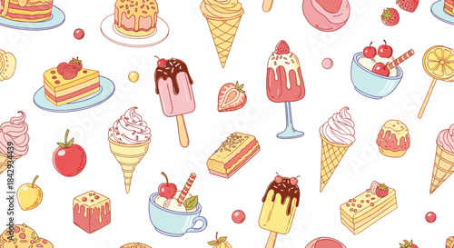 Colorful collage of desserts and treats with cakes pies pastries donuts cookies cupcakes ice cream popsicles gelato macarons chocolate fruit and pastel sweets.