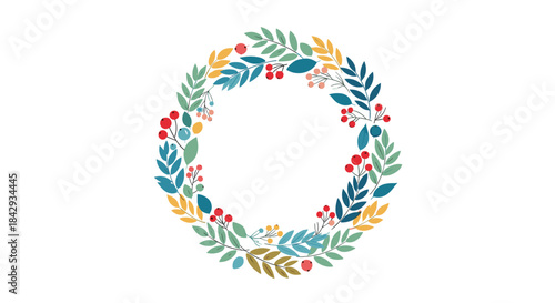 Colorful circular wreath of leaves and berries forming a festive botanical design suitable for versatile home and event decor.