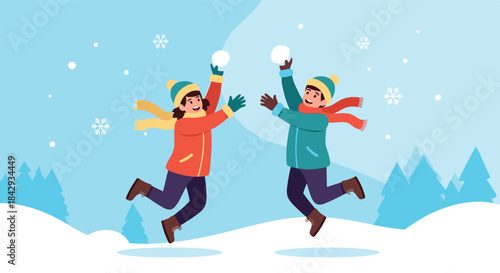 Two friends wearing winter jackets scarves and mittens leap joyfully in a snowy landscape with snowflakes and mountains in the background.